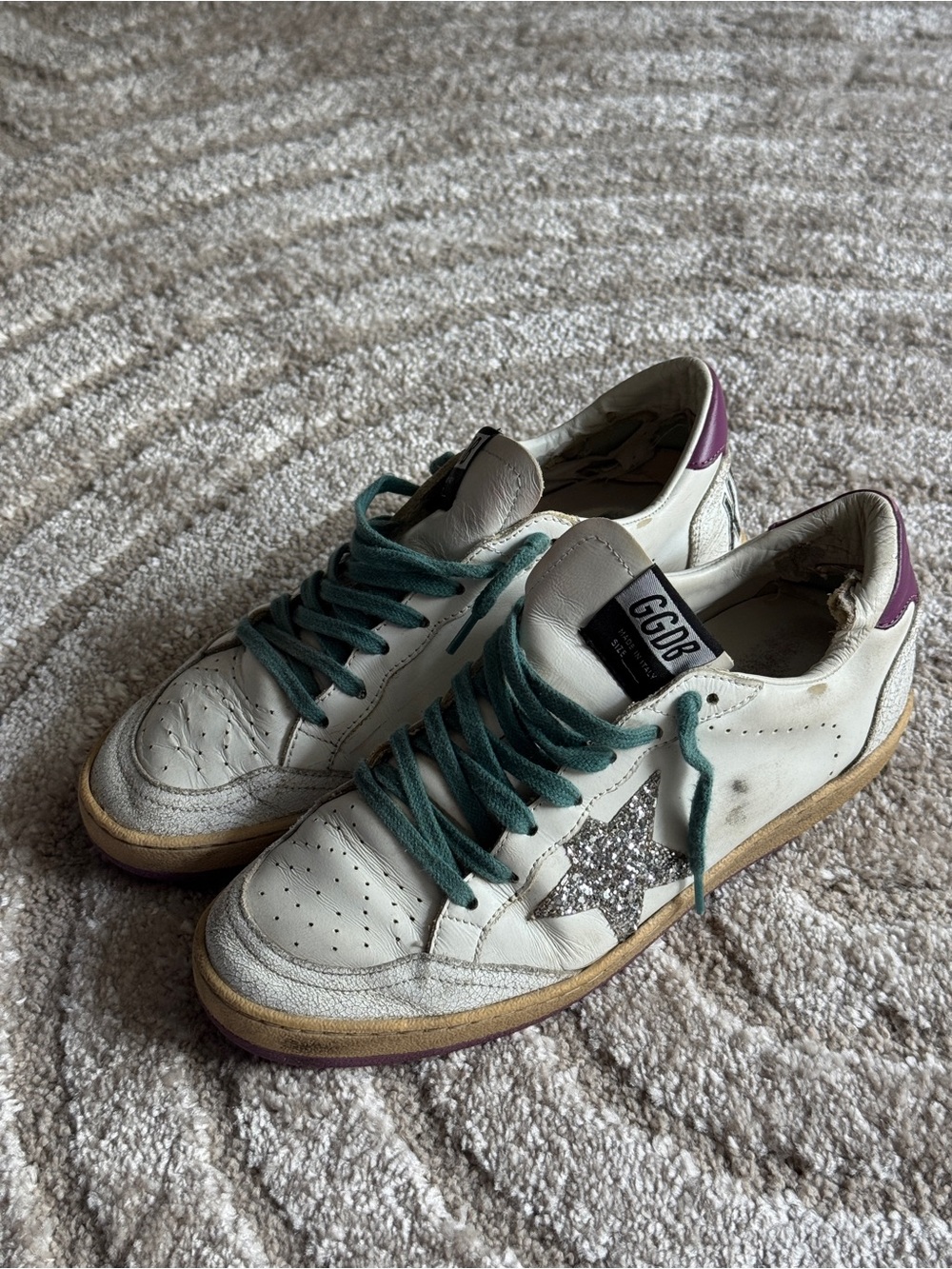 Golden Goose White Leather Sneakers with Silver Glitter Star and Teal Laces